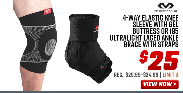 McDAVID 4-Way Elastic Knee Sleeve with Gel Buttress or 195 Ultralight Laced Ankle Brace with Straps