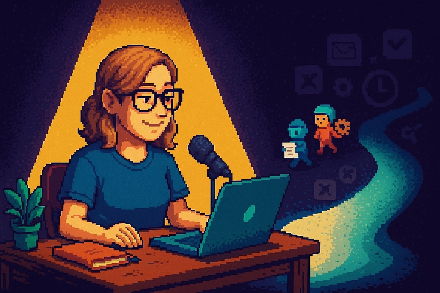 Pixel art woman at desk with laptop under spotlight, helpers on glowing path carrying tasks.