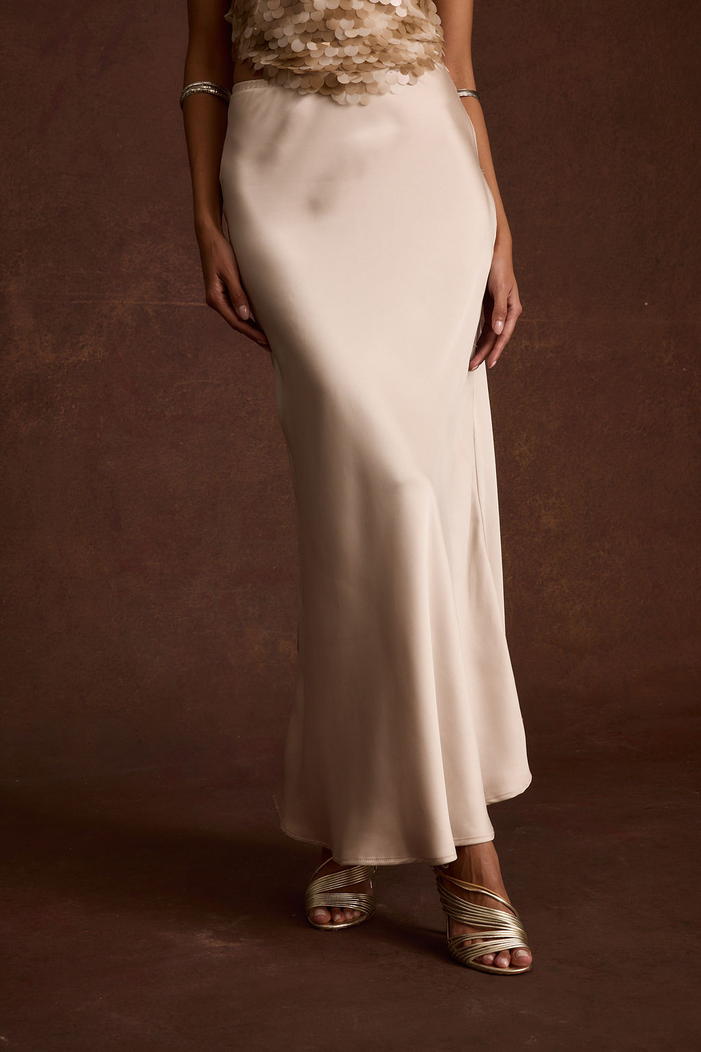 Image of Dolce Champagne Satin Maxi Skirt