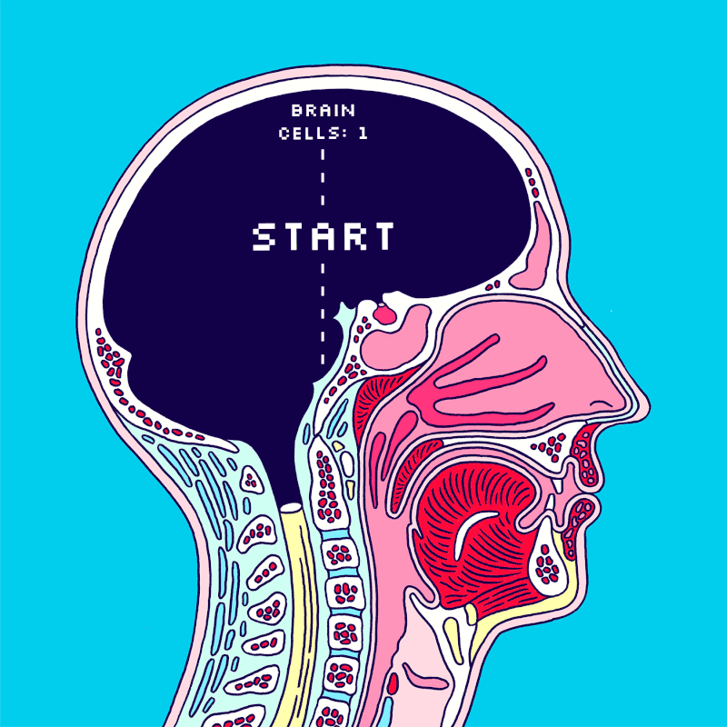 An animated illustration of a brain in which a pixelated ping pong match is taking place and leading to text that reads “Game Over.”