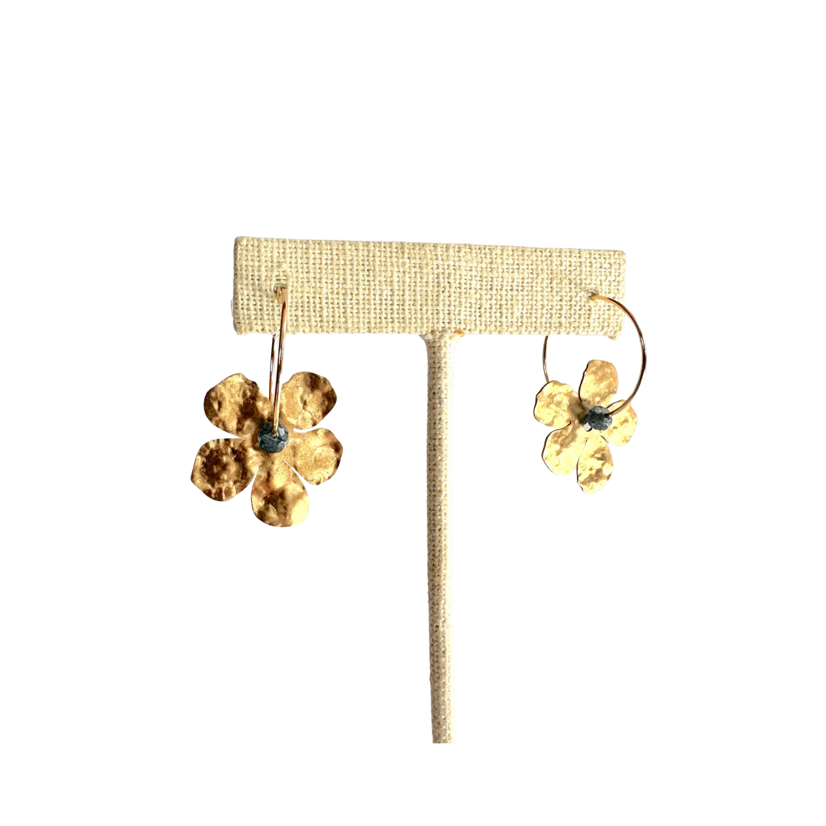 Image of Gold Filled Hoop Hammered Brass Flower Earrings