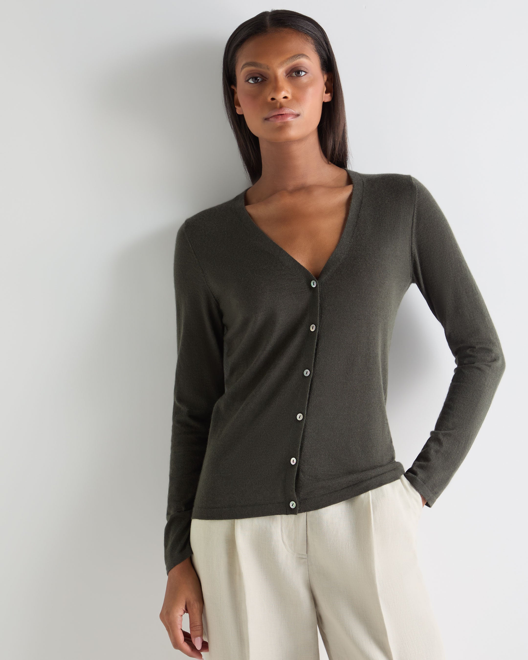 Image of Women's Mia Superfine Cashmere V Neck Cardigan Arabica Khaki Green