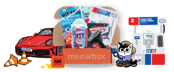 Image of the Purr Pump meowbox (featuring toys like the Pit Stop Pouncer Wand, Woolly Wiper 100% Wool toy, Chill Thrillz Kicker and more)