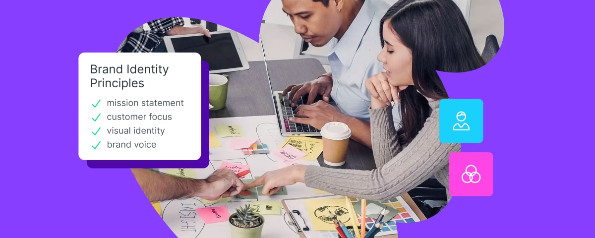 Purple banner featuring a photo of two people collaborating at a table covered in sticky notes and sketches, overlaid with a white card listing "Brand Identity Principles" with green checkmarks beside mission statement, customer focus, visual identity, and brand voice, plus a cyan user icon and magenta circles icon on the right.