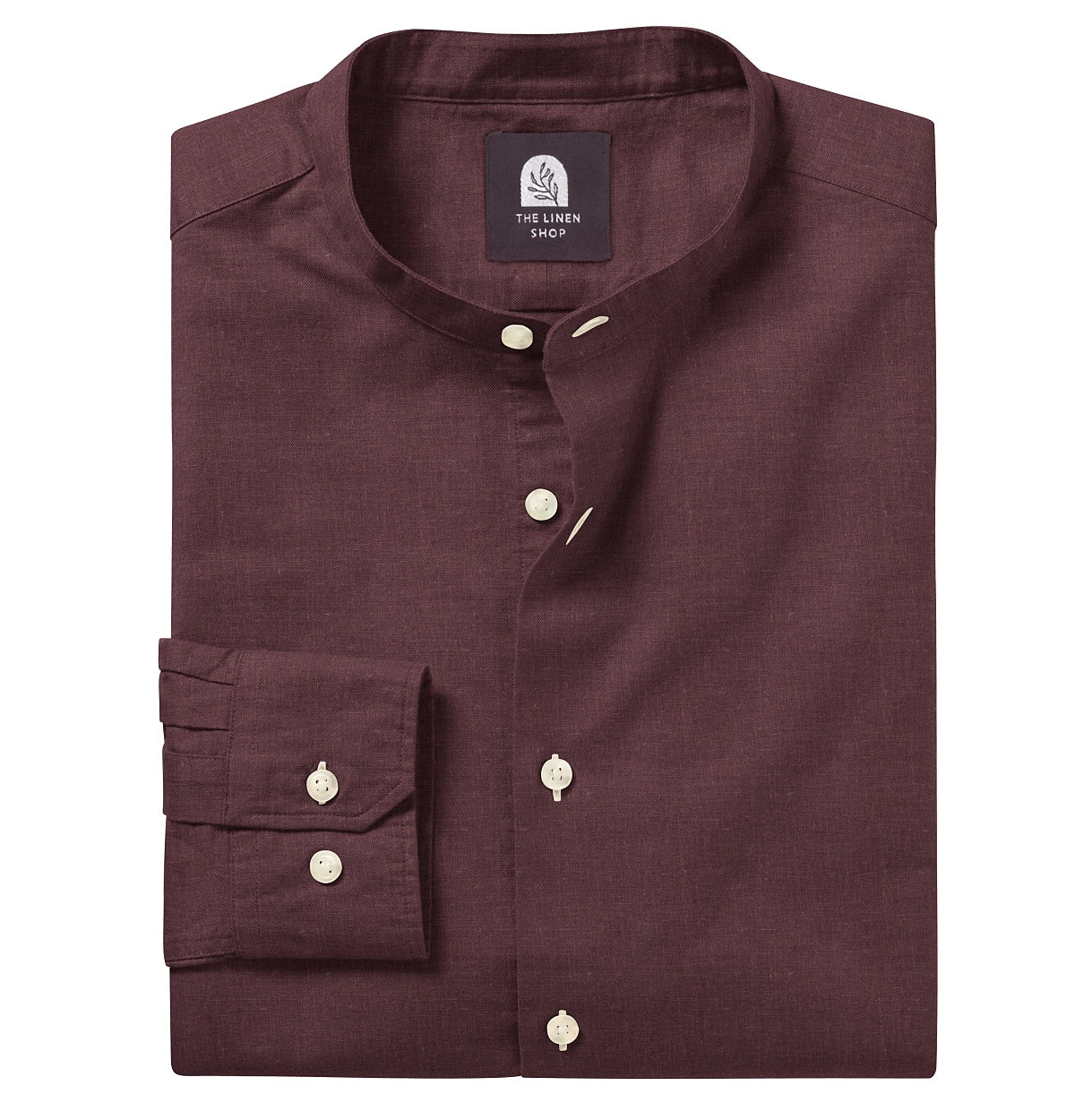 Image of Pure Linen - Band Collar - Long Sleeve - Maroon