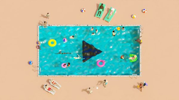 A colourful top-down illustration of a swimming pool with people swimming, floating, and relaxing. Bright pool floats and beach balls surround a large play-button-shaped icon in the water