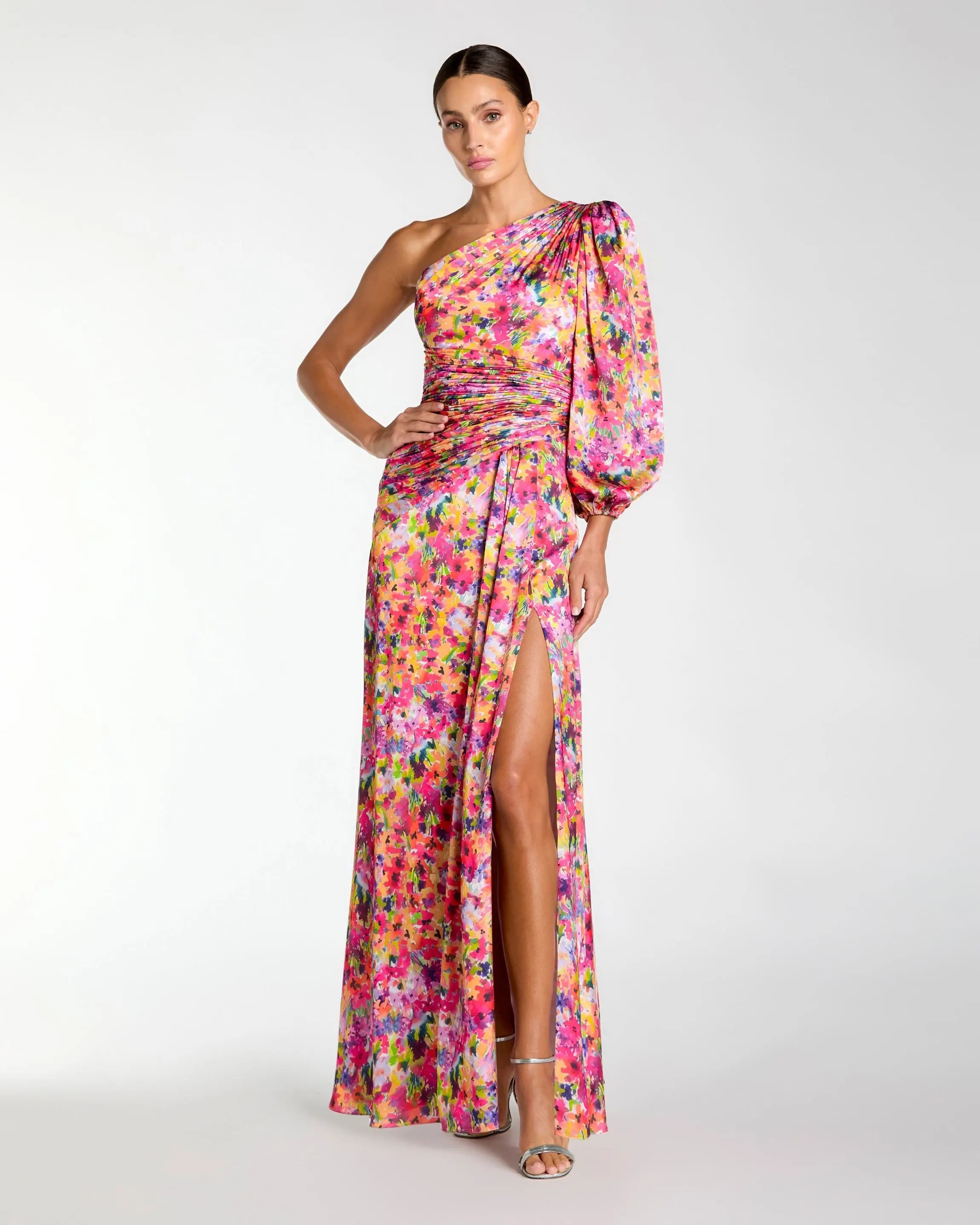 Image of Multicolor Floral One-Shoulder Charmeuse Gown with Slit