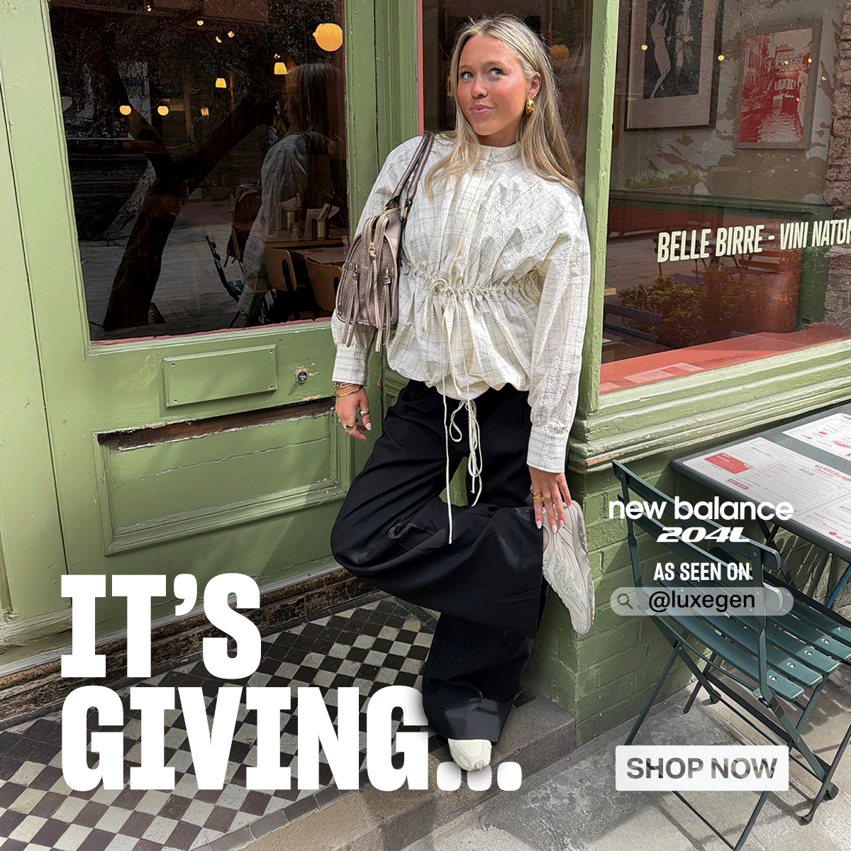 A hero banner with luxegen members posing with new balance 204l mushroom and timberwolf colour way trainers with hero text banner 'It's giving, treat yourself, with Shop now button' and 'new balance 204l' tagging 'as seen on @luxegen'