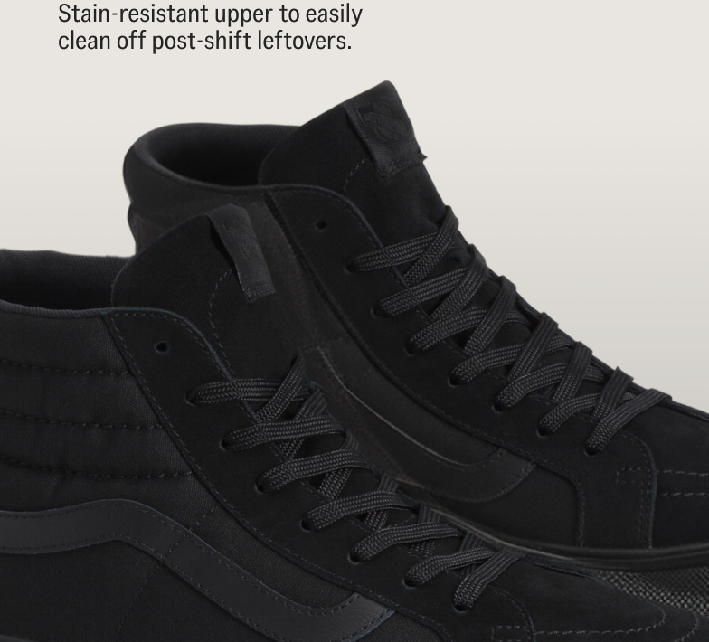Stain-resistant upper to easily clean off post-shift leftovers.