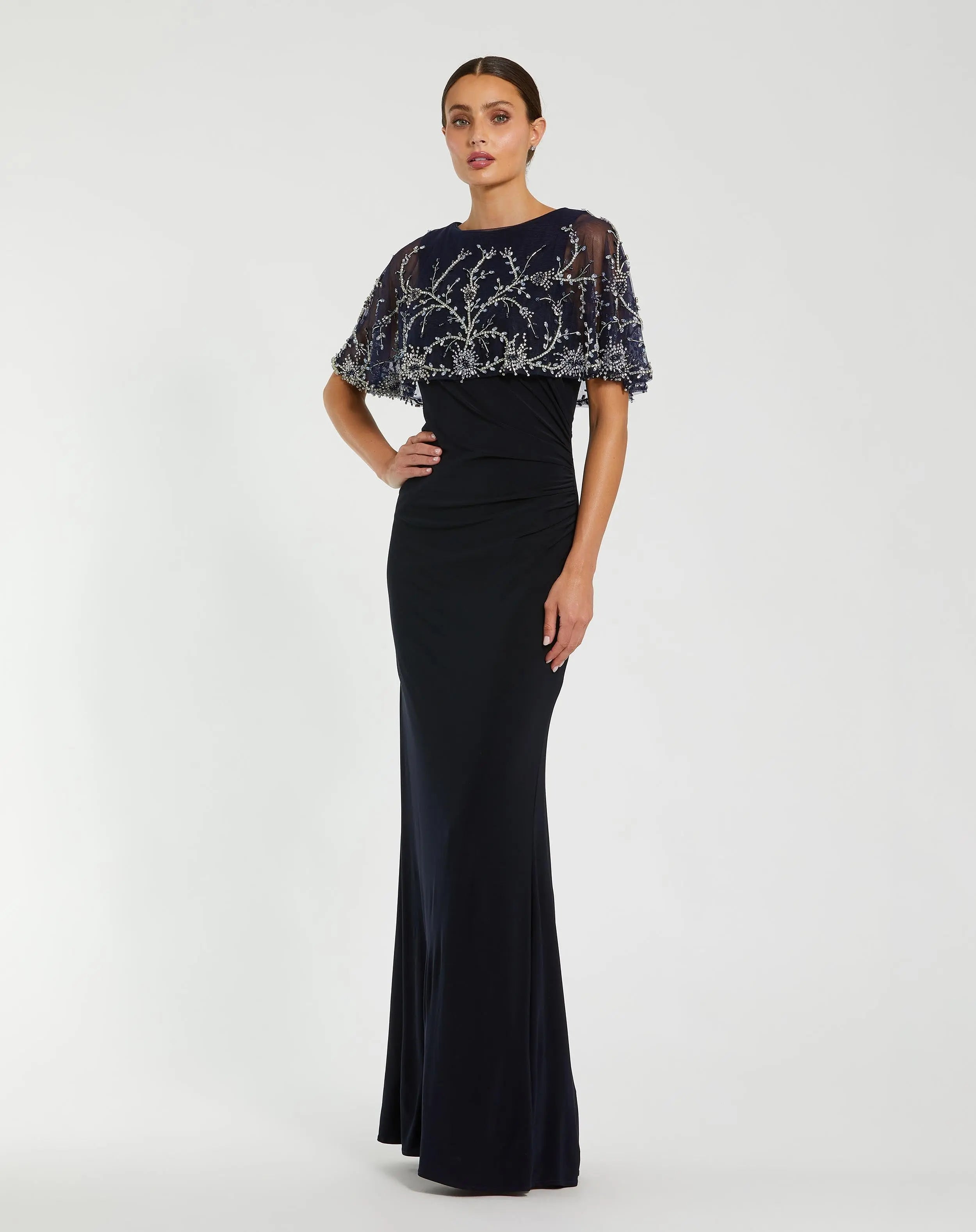 Image of Navy Fitted Jersey Gown with Embellished Cape