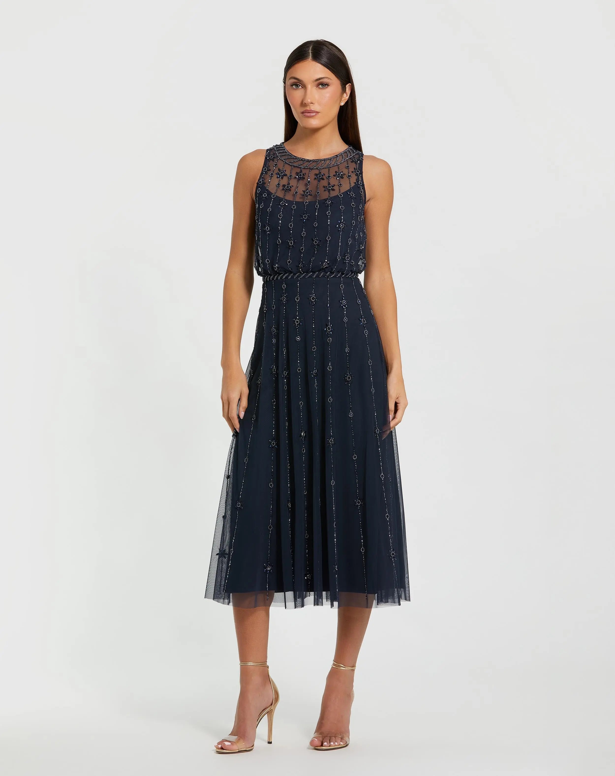 Image of Navy High Neck Sleeveless Embellished A Line Cocktail Dress