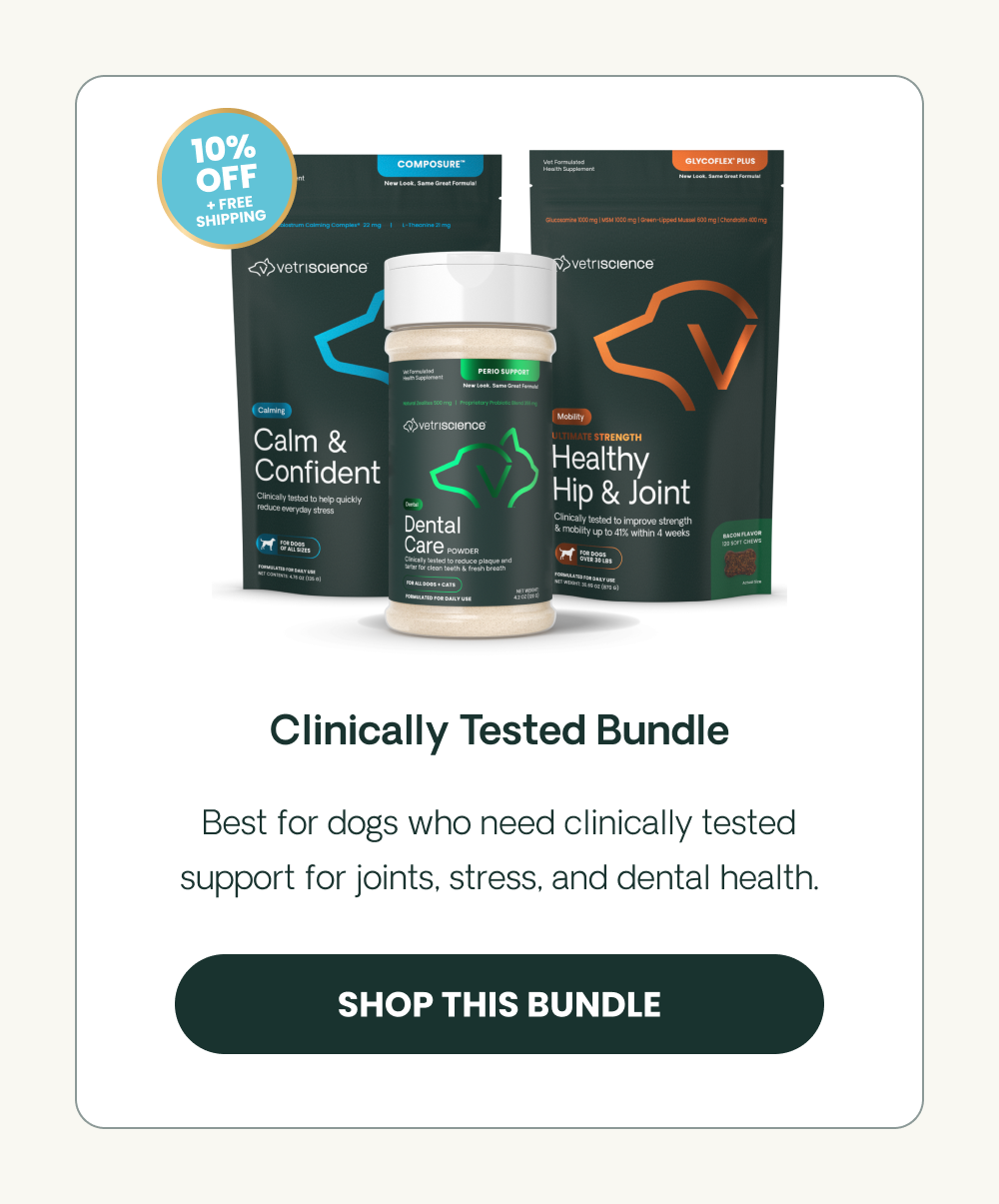 SHOP CLINICALLY TESTED BUNDLE | Best for dogs who need clinically tested support for joints, stress, and dental