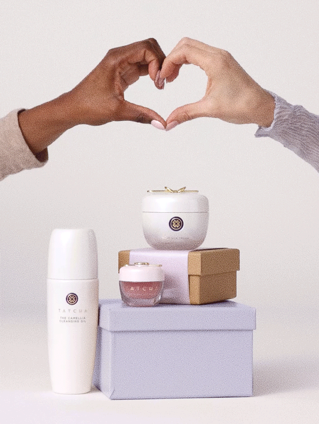 A gif of Tatcha products and hands in the shape of a heart