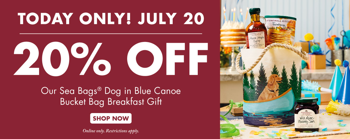 Today Only! July 20 20% OFF Our Sea Bags® Dog in Blue Canoe Bucket Bag Breakfast Gift Shop Now Online only. Restrictions apply.