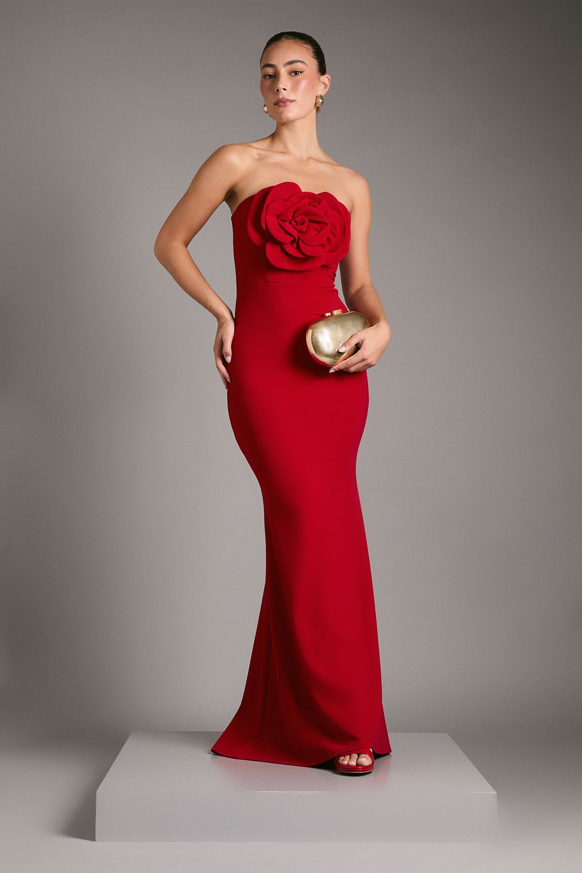 Bandeau Maxi Gown With Rose Corsage