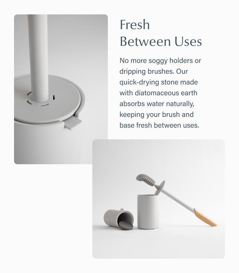 Text reads “Fresh Between Uses. No more soggy holders or dripping brushes. Our quick-drying stone made with diatomaceous earth absorbs water naturally, keeping your brush and base fresh between uses.” Text is paired with close-up images of the brush sitting in the holder and the product displayed on a clean background.