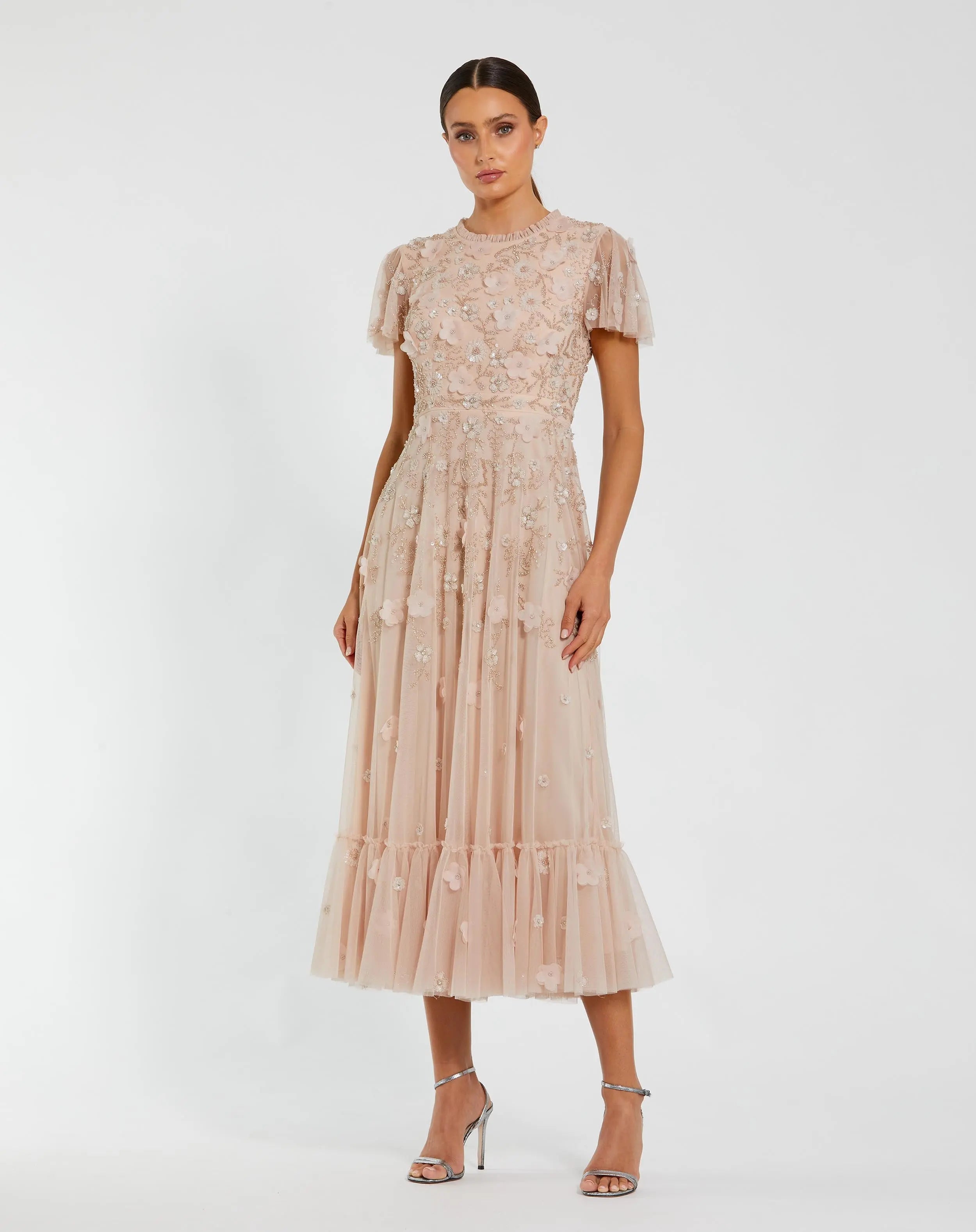 Image of Light Pink Embellished High Neck Flutter Sleeve A Line Dress