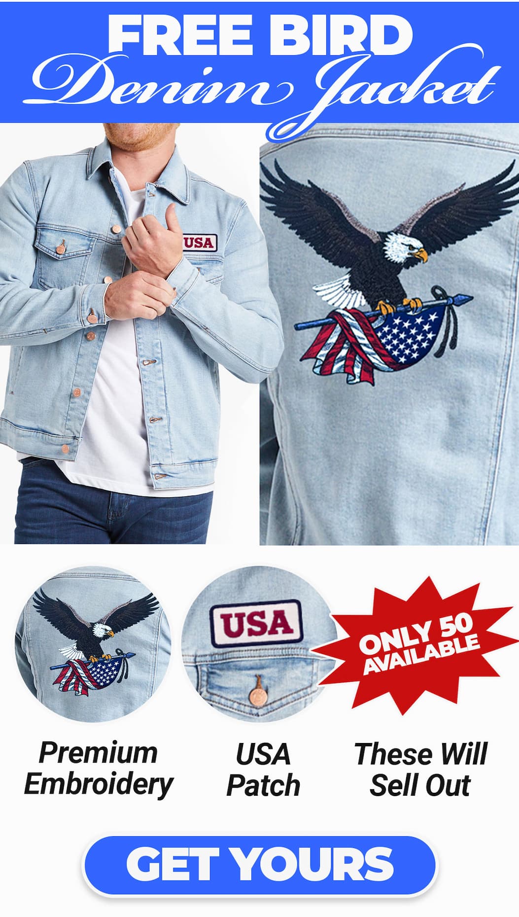 Free Bird Denim Jacket. [Light blue denim jacket with a large bald eagle embroidered o the back, and USA mechanics patch above the front left pocket] button to shop - get yours