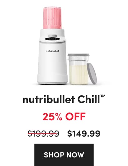 A white nutribullet Chill™Ice Cream Maker with a pink smoothie cup attached, next to a small clear jar with a grey lid.