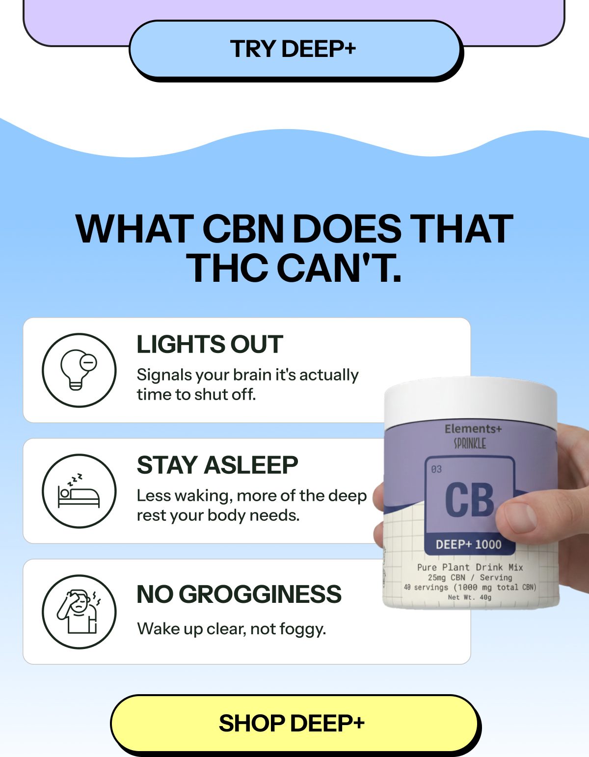 Product information about a CBN drink mix with benefits listed: lights out, stay asleep, no grogginess.