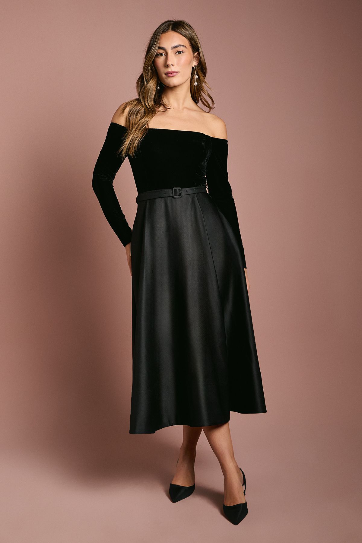 Long Sleeve Bardot Full Skirted Midi Dress