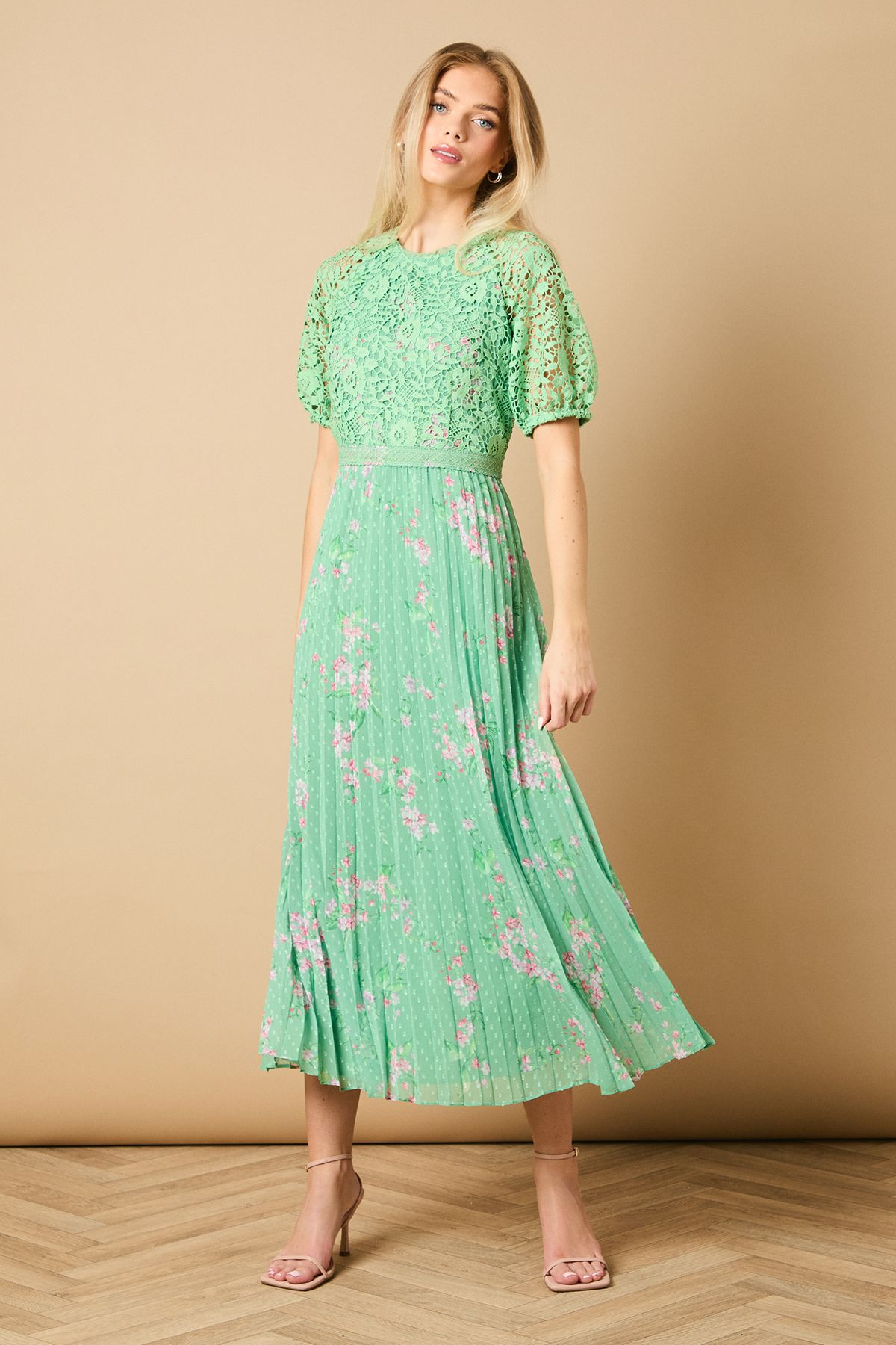 Occasion Floral Lace Bodice Pleated Midi Dress