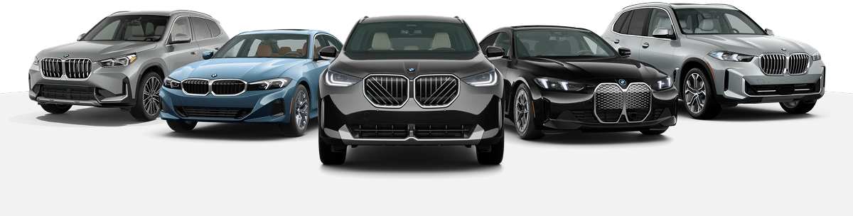 Five BMWs in assorted colors front-facing with white background