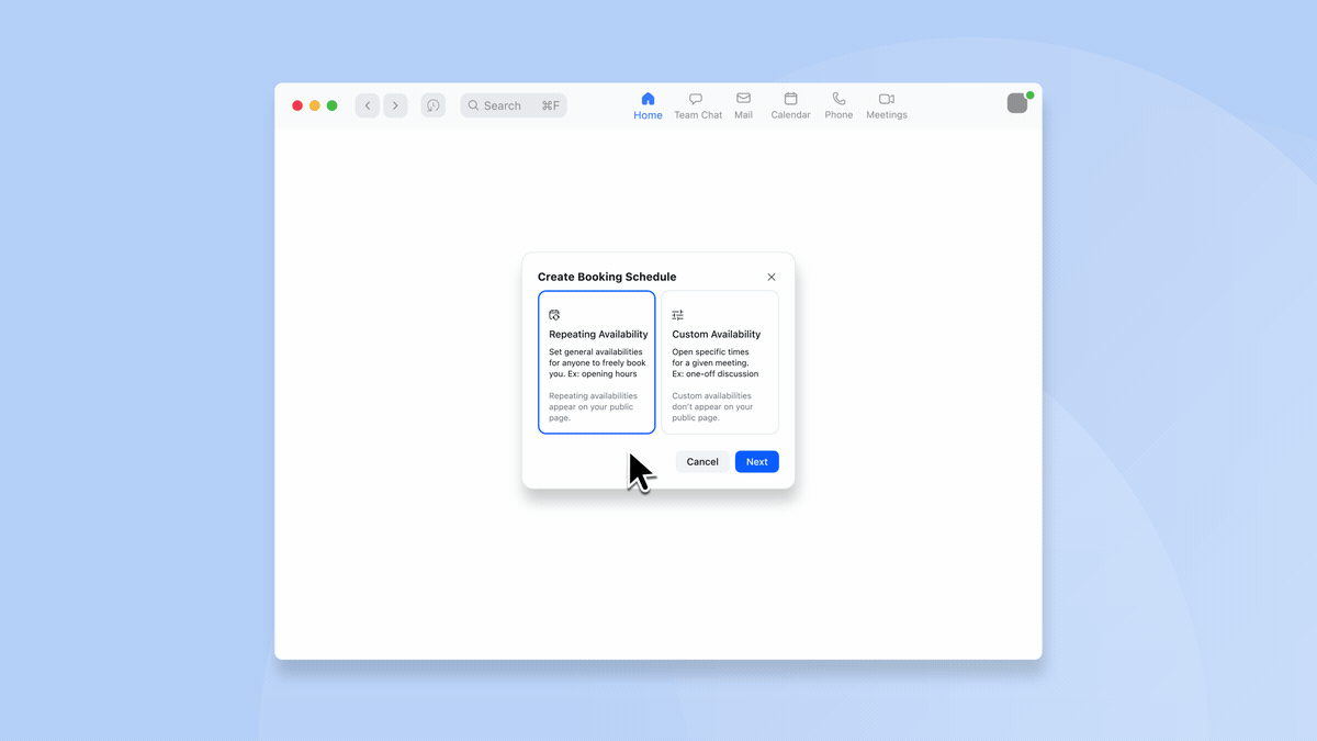 Animation showing the booking flow on Zoom Scheduler