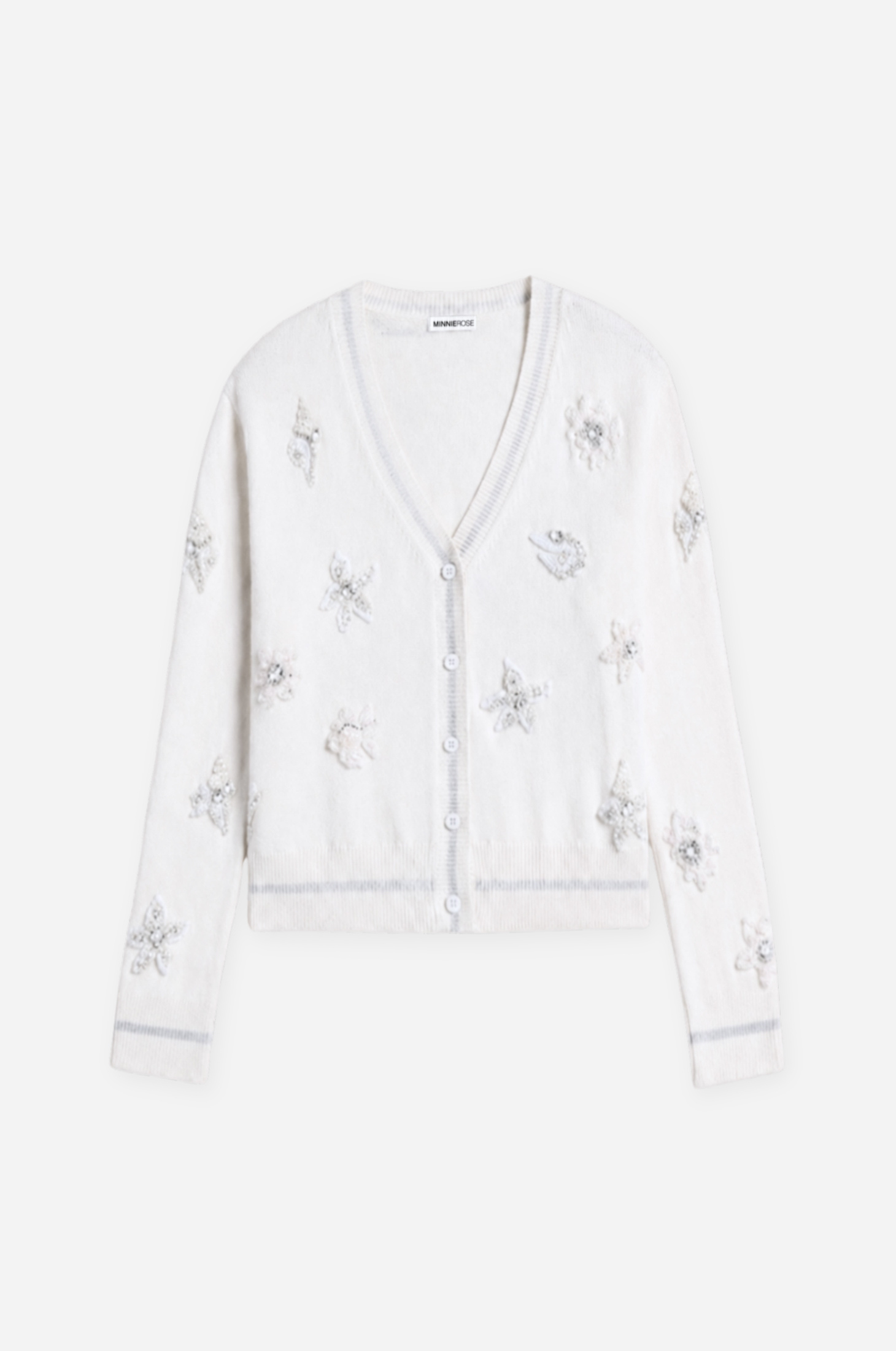 Image of Cotton Cashmere Pearl Applique Cardigan With Sheer Tipping