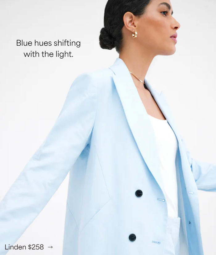 Astrid in The Linden Linen-Blend Blazer over a white top, labeled “Linden $258.”