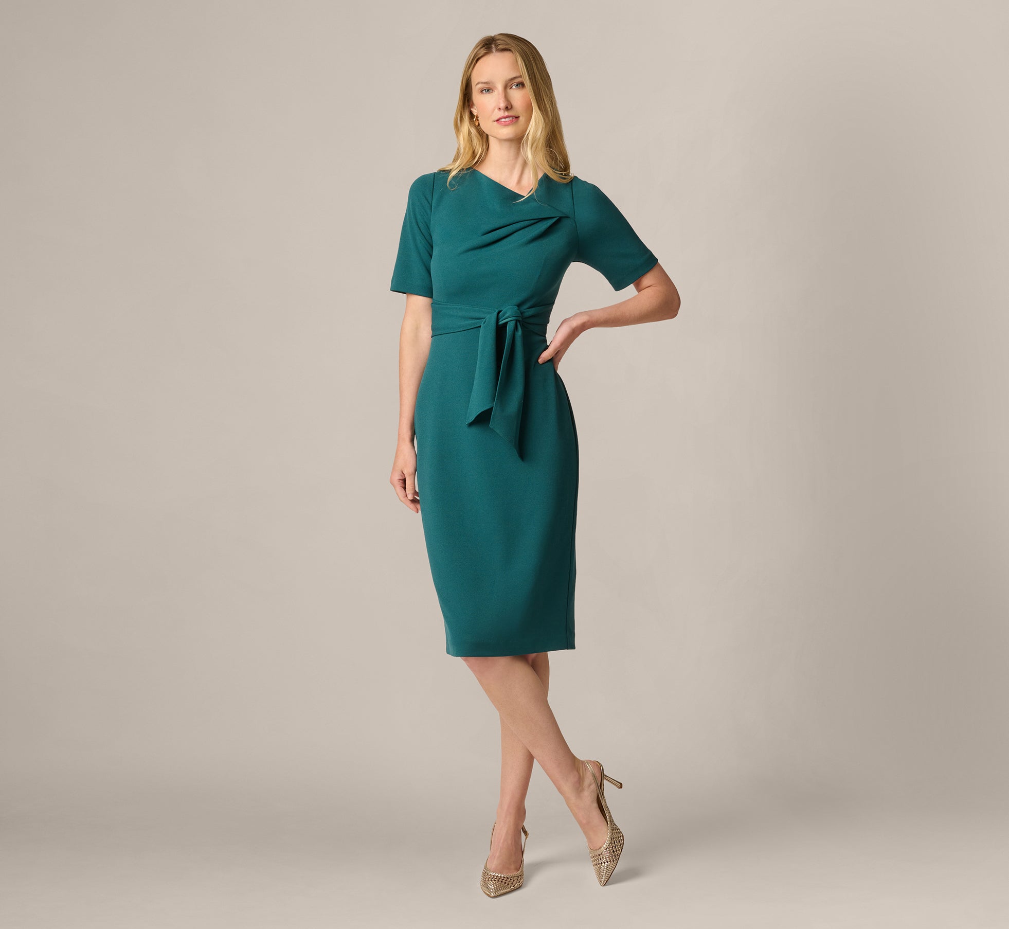 Image of Short Sleeve Asymmetrical Tie Front Stretch Sheath Dress In Hunter