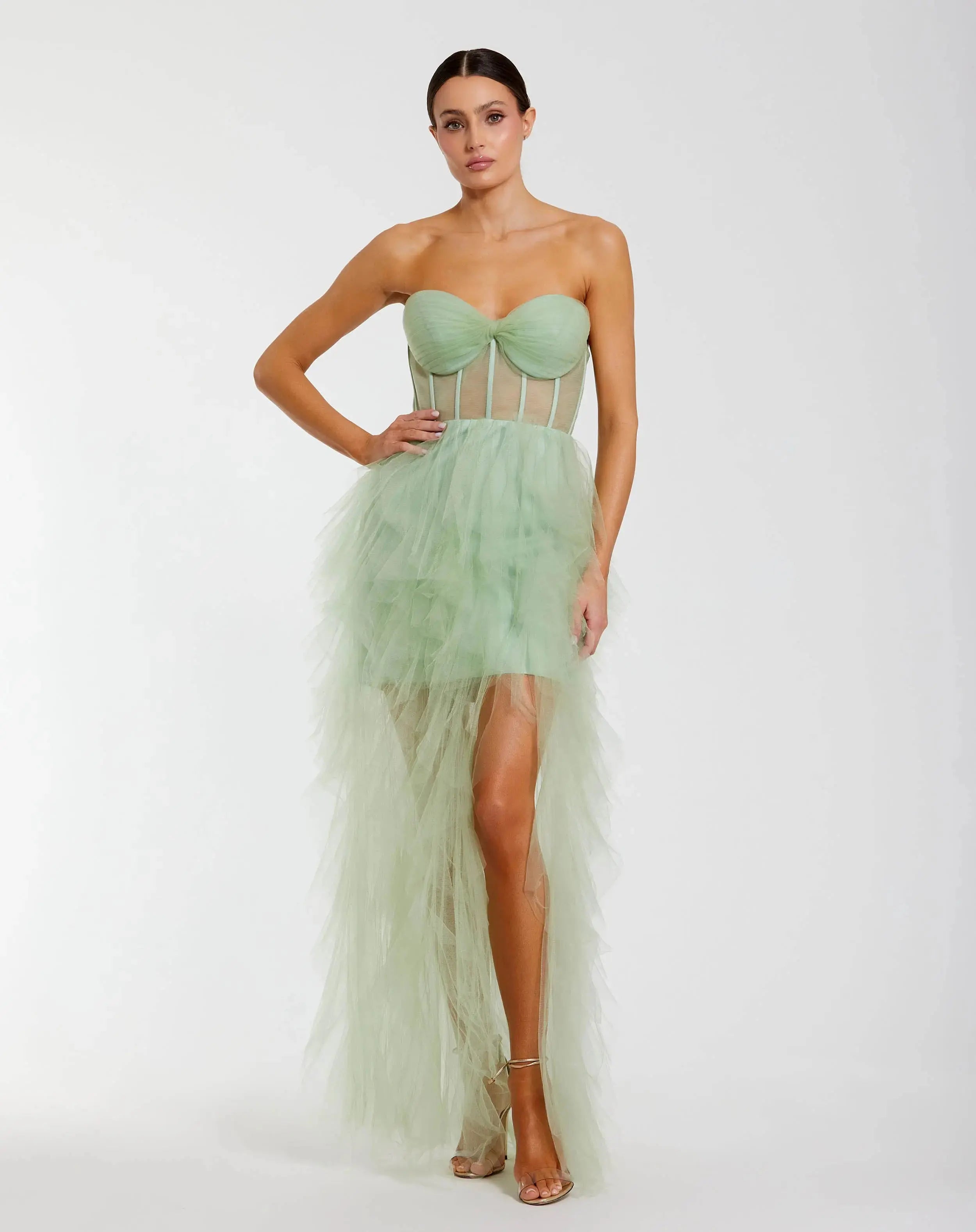 Image of Green Strapless Corset Gown with Spiral Ruffles
