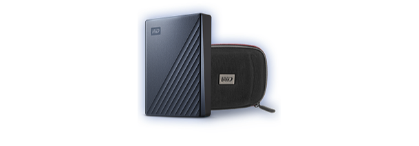 A dark blue WD external hard drive with a textured surface, shown next to a black zippered carrying case.