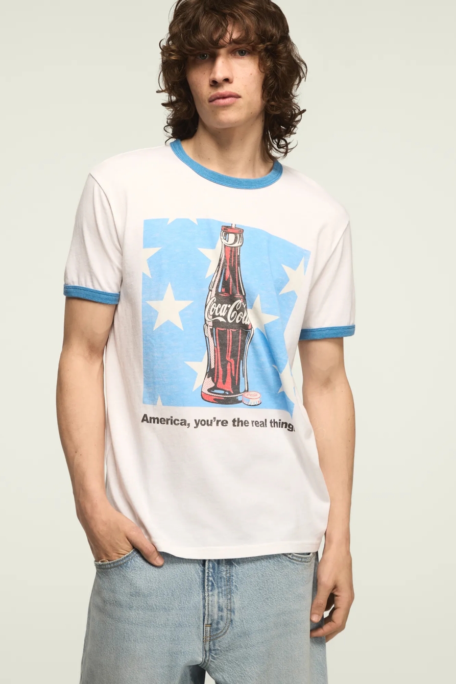Image of Lucky Brand Coca-Cola Bottle Ringer Tee - Men's Clothing Tops Shirts Tee Graphic T Shirts in Bright White