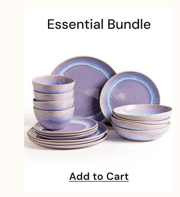 Stacked plates and bowls in purple tones with text 'Essential Bundle' and 'Add to Cart'.