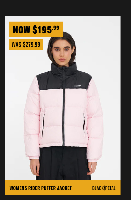 WOMENS RIDER PUFFER JACKET BLACK/PETAL