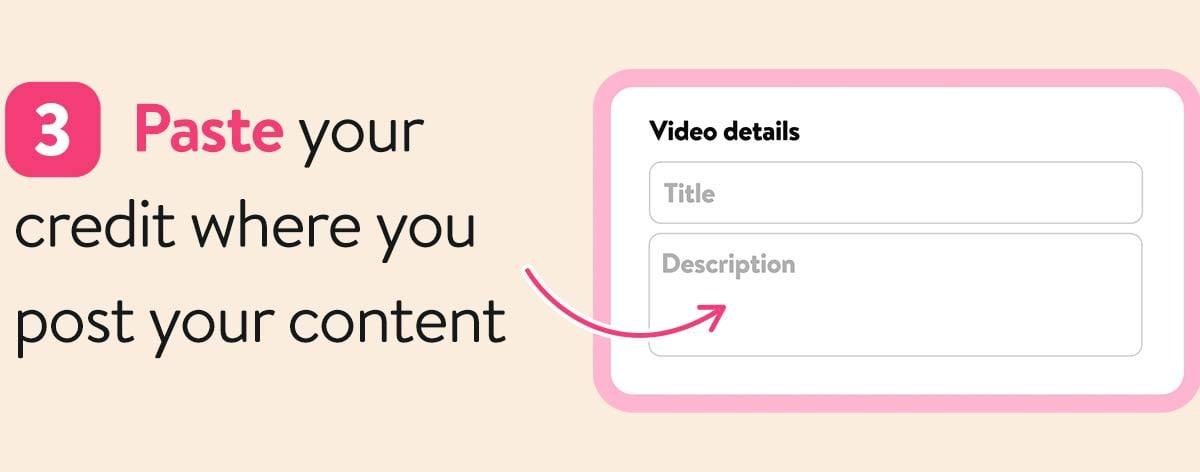 Text that says, 'Step three, Paste your credit where you post your content' and an image of a YouTube description box.