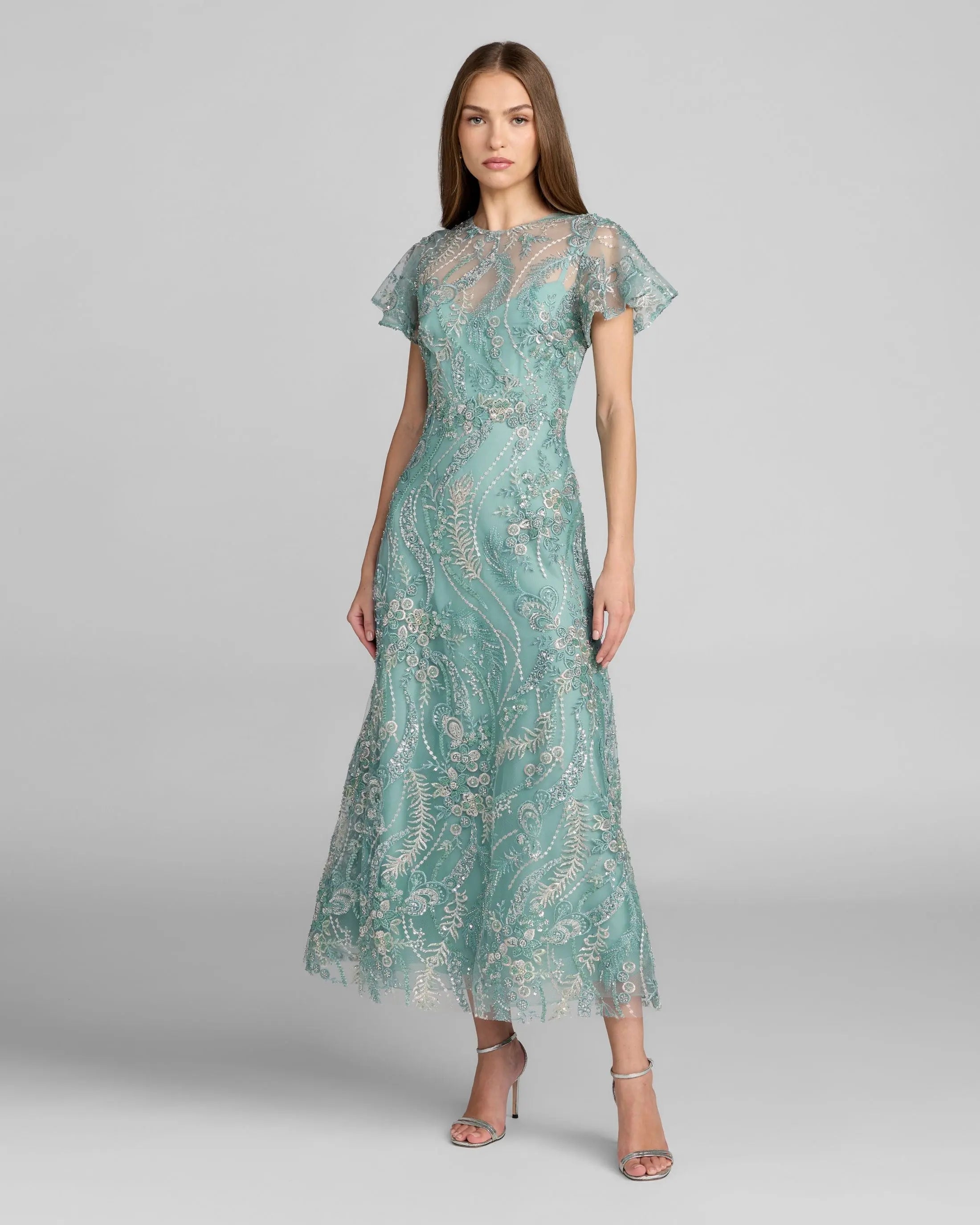 Image of Blue Embroidered Flutter Sleeve Midi Dress
