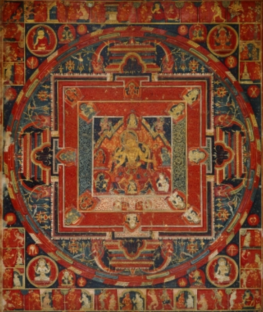 Textile painting of Vasudhara (goddess of abundance and consort of Jambhala).