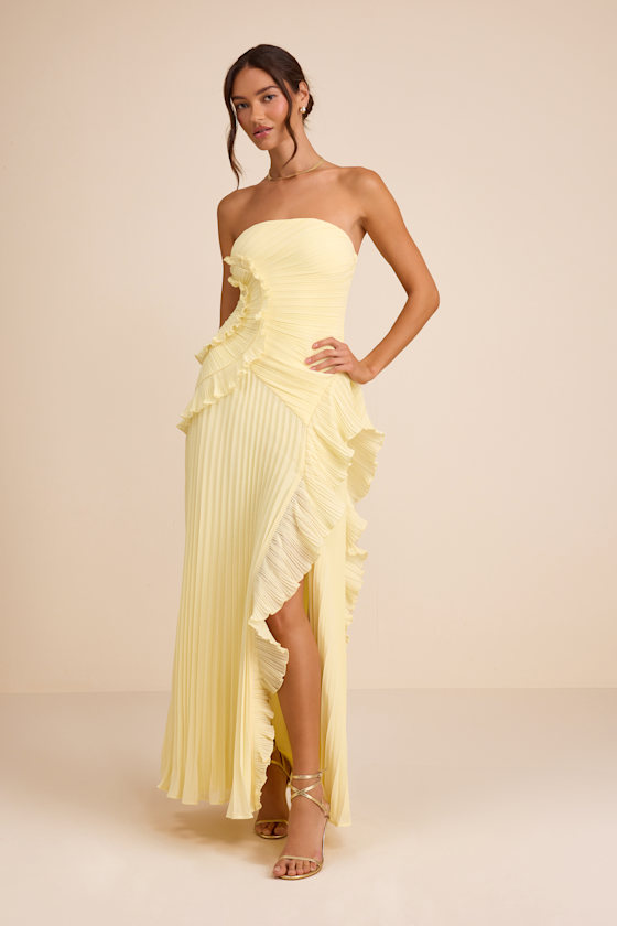 Image of Brylee Light Yellow Pleated Ruffled Maxi Dress
