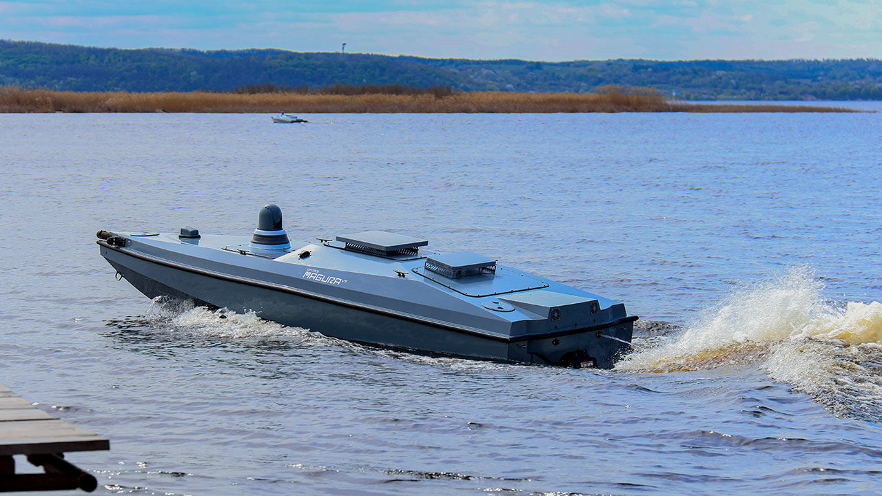A MAGURA V5, a Ukrainian unmanned surface vehicle is demonstrated in Kyiv, Ukraine