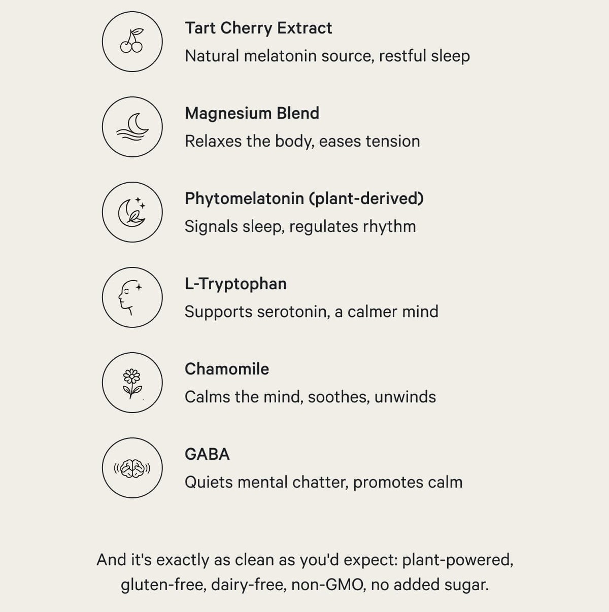 Tart Cherry Extract&nbsp; natural melatonin source, restful sleep  Magnesium Blend&nbsp; relaxes the body, eases tension  Phytomelatonin (plant-derived)&nbsp; signals sleep, regulates rhythm  L-Tryptophan&nbsp; supports serotonin, a calmer mind  Chamomile&nbsp; calms the mind, soothes, unwinds  GABA&nbsp; quiets mental chatter, promotes calm  And it's exactly as clean as you'd expect: plant-powered, gluten-free, dairy-free, non-GMO, no added sugar.