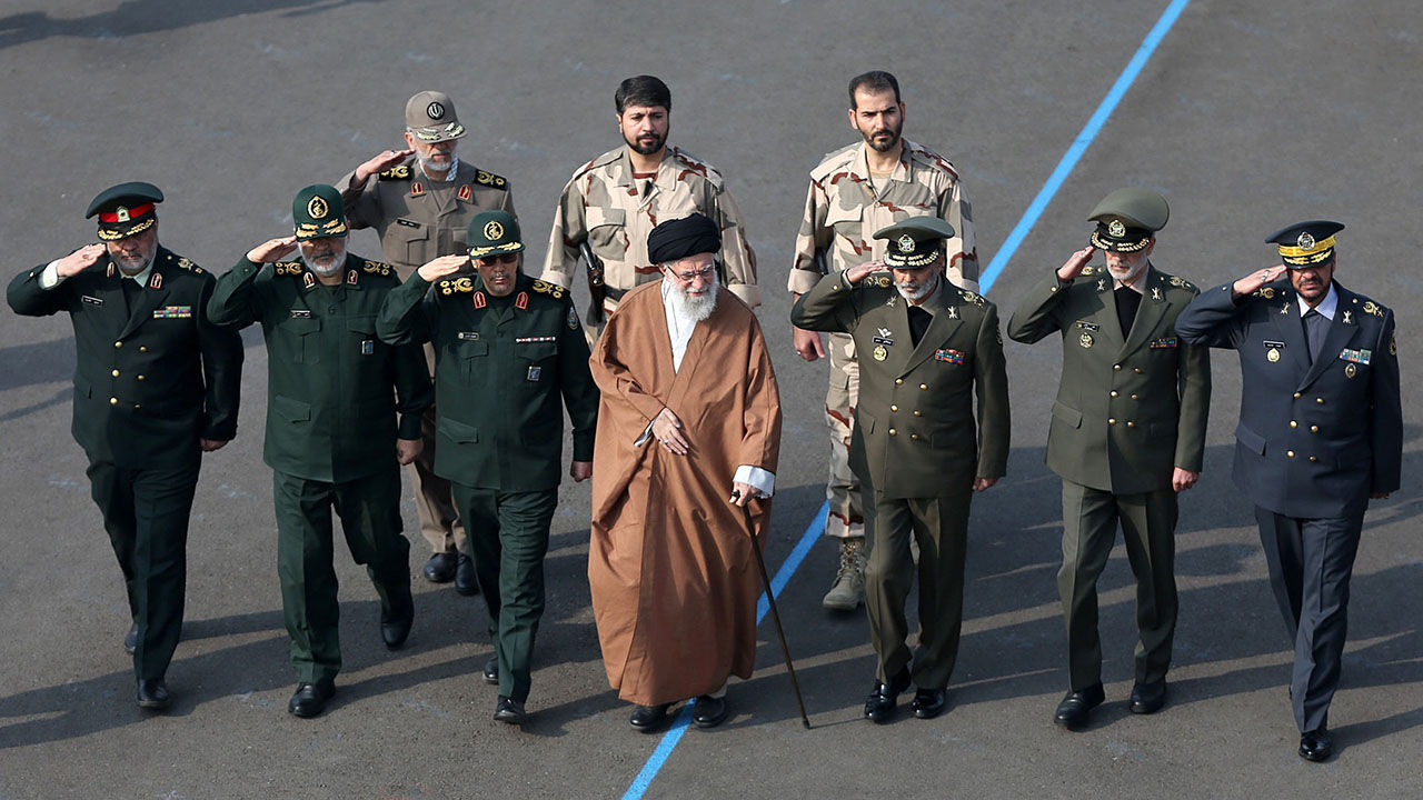  A file photo dated October 30, 2019 shows Iranian Supreme Leader Ali Khamenei and the Islamic Revolutionary Guard Corps