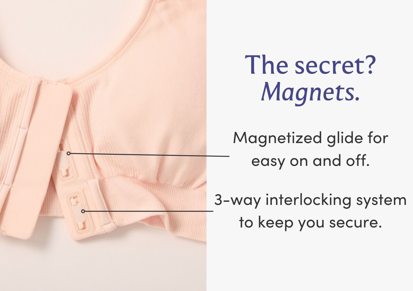 The secret? Magnets. Magnetized glide for easy on and off. 3-way interlocking system to keep you secure.