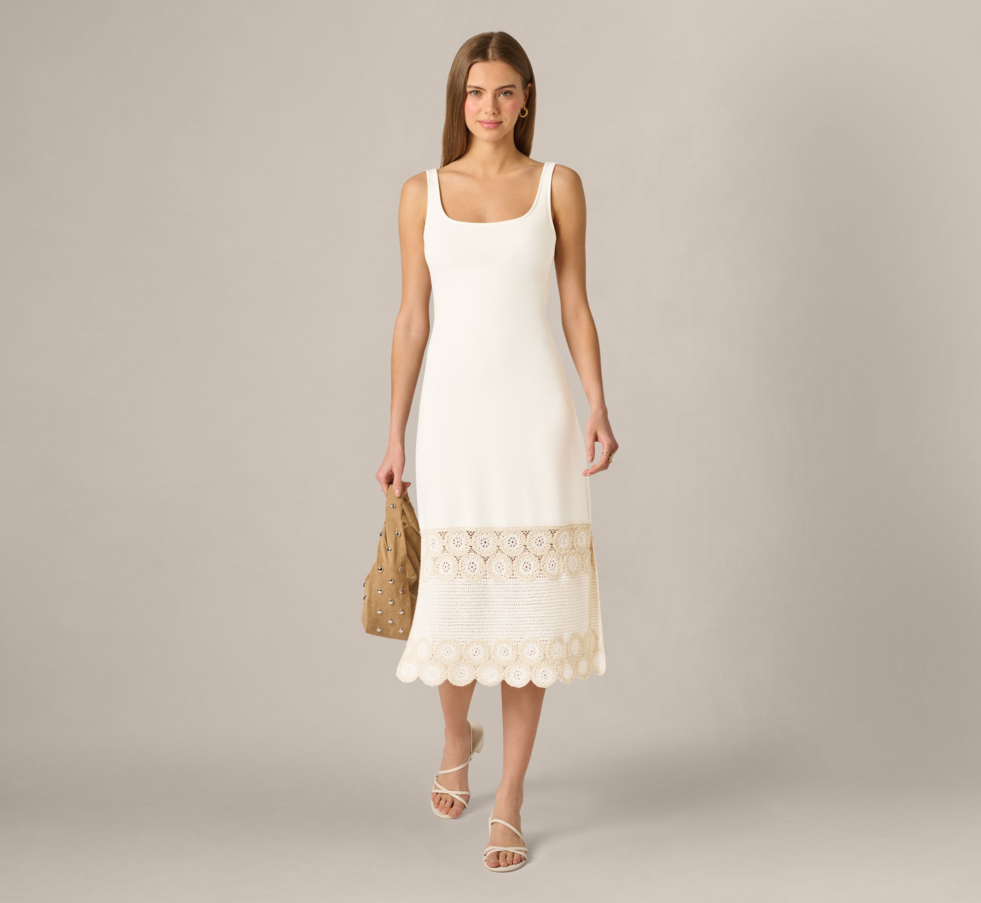 Image of Crochet Trimmed Sheath Midi Dress With Tank Straps In Ivory