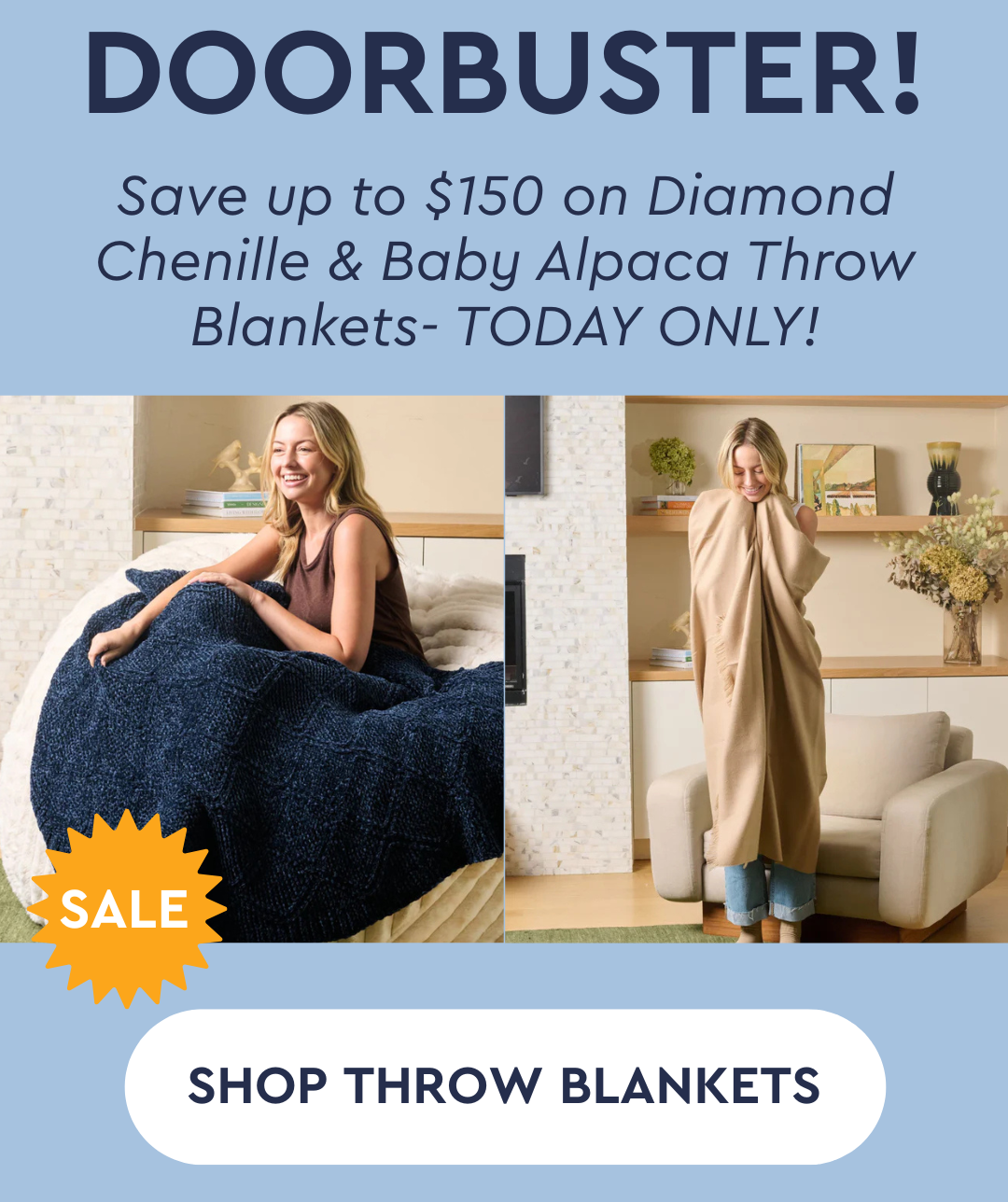 Doorbuster! Save up to $150 on Diamond Chenille & Baby Alpaca Throw Blankets- TODAY ONLY!