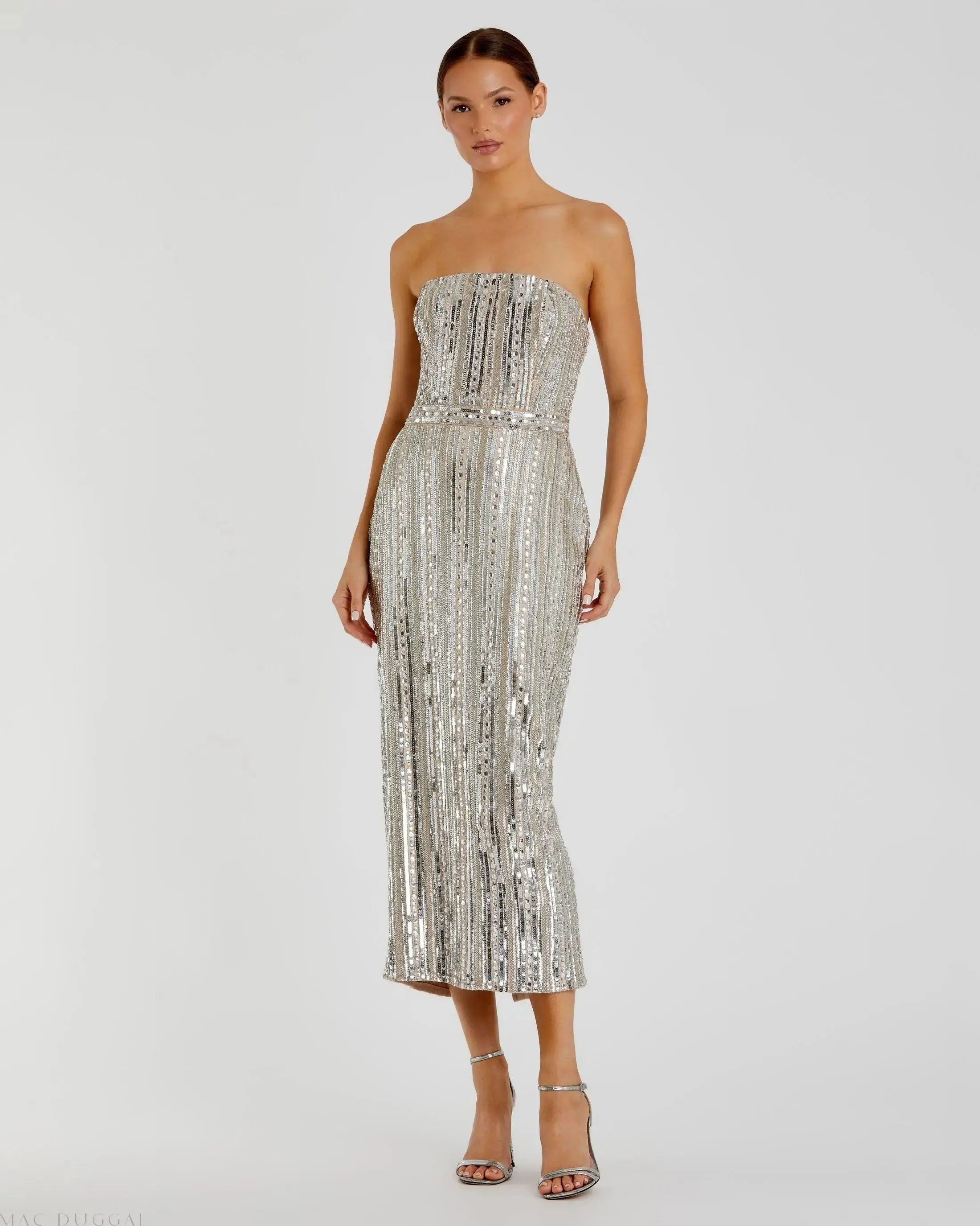 Image of Silver and Beige Embellished Strapless Sheath Dress