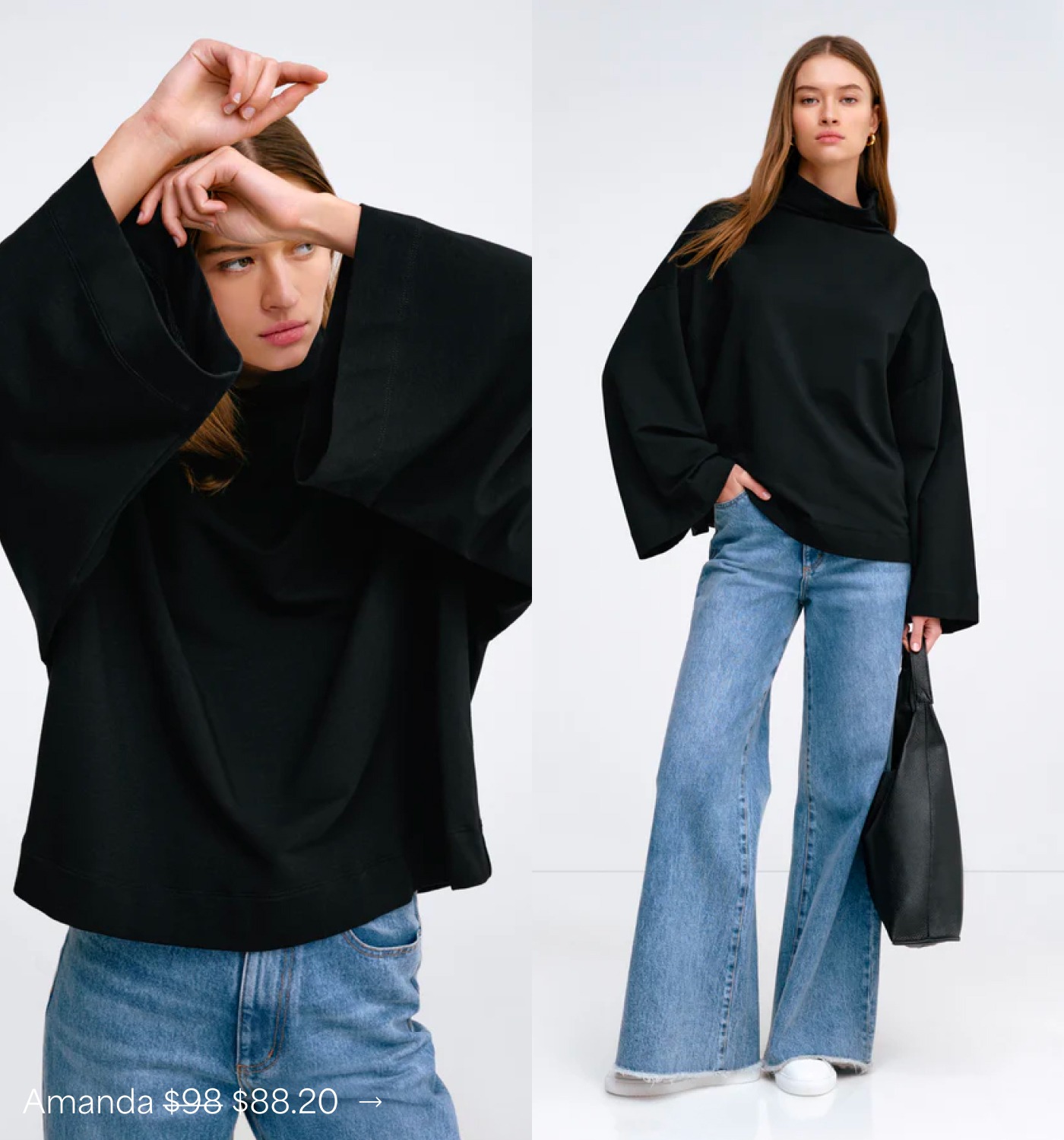 Split image shows Bianca in The Amanda Sweatshirt and blue wide-leg jeans, arms raised in one frame and standing full length in the other.