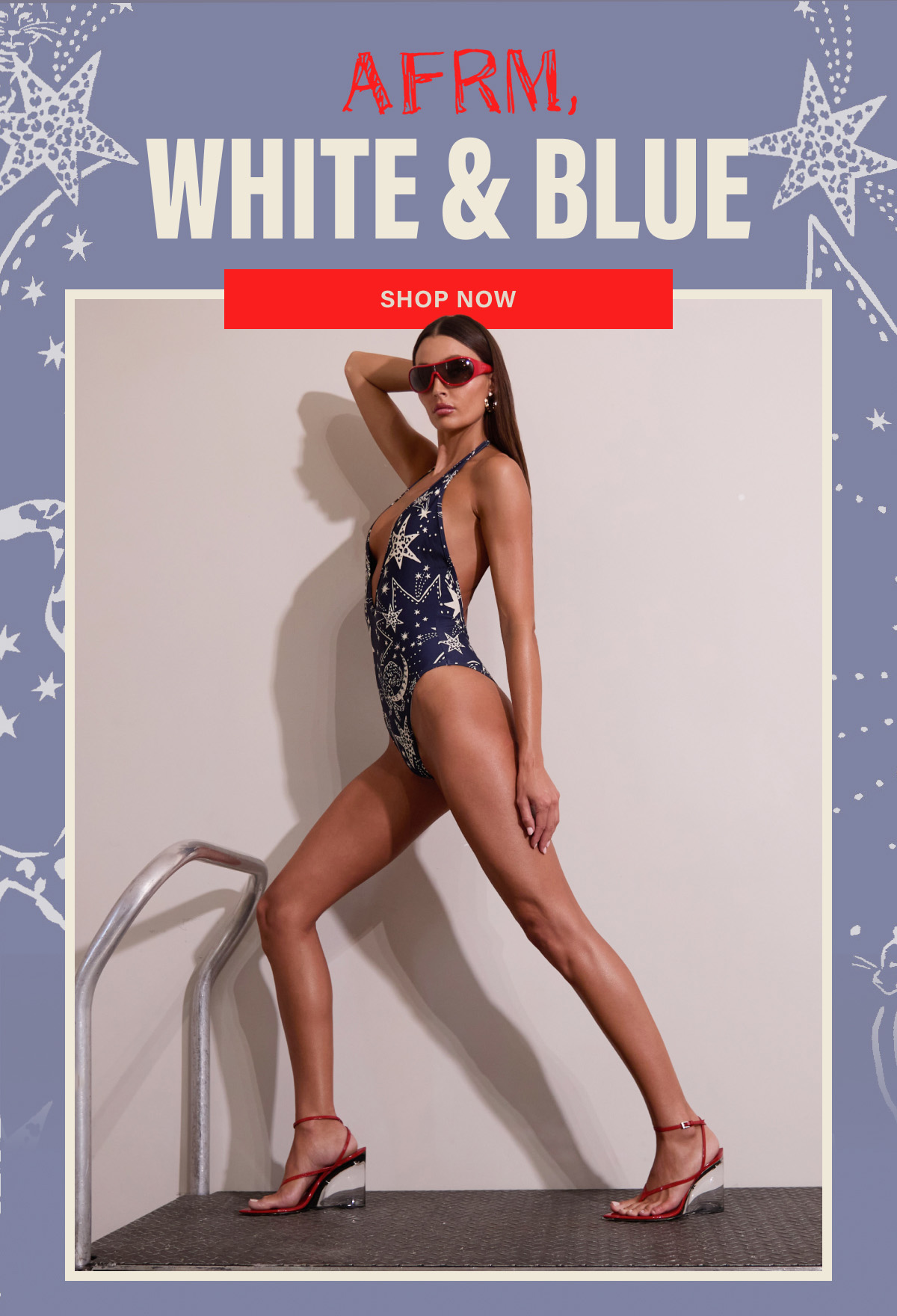 AFRM, WHITE & BLUE. SHOP NOW.