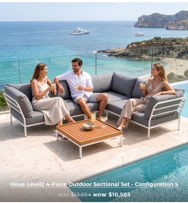 People enjoying drinks on outdoor sectional. Image Text: Houe Level2 4-Piece Outdoor Sectional Set - Configuration 5 WAS $13,654 NOW $10,503